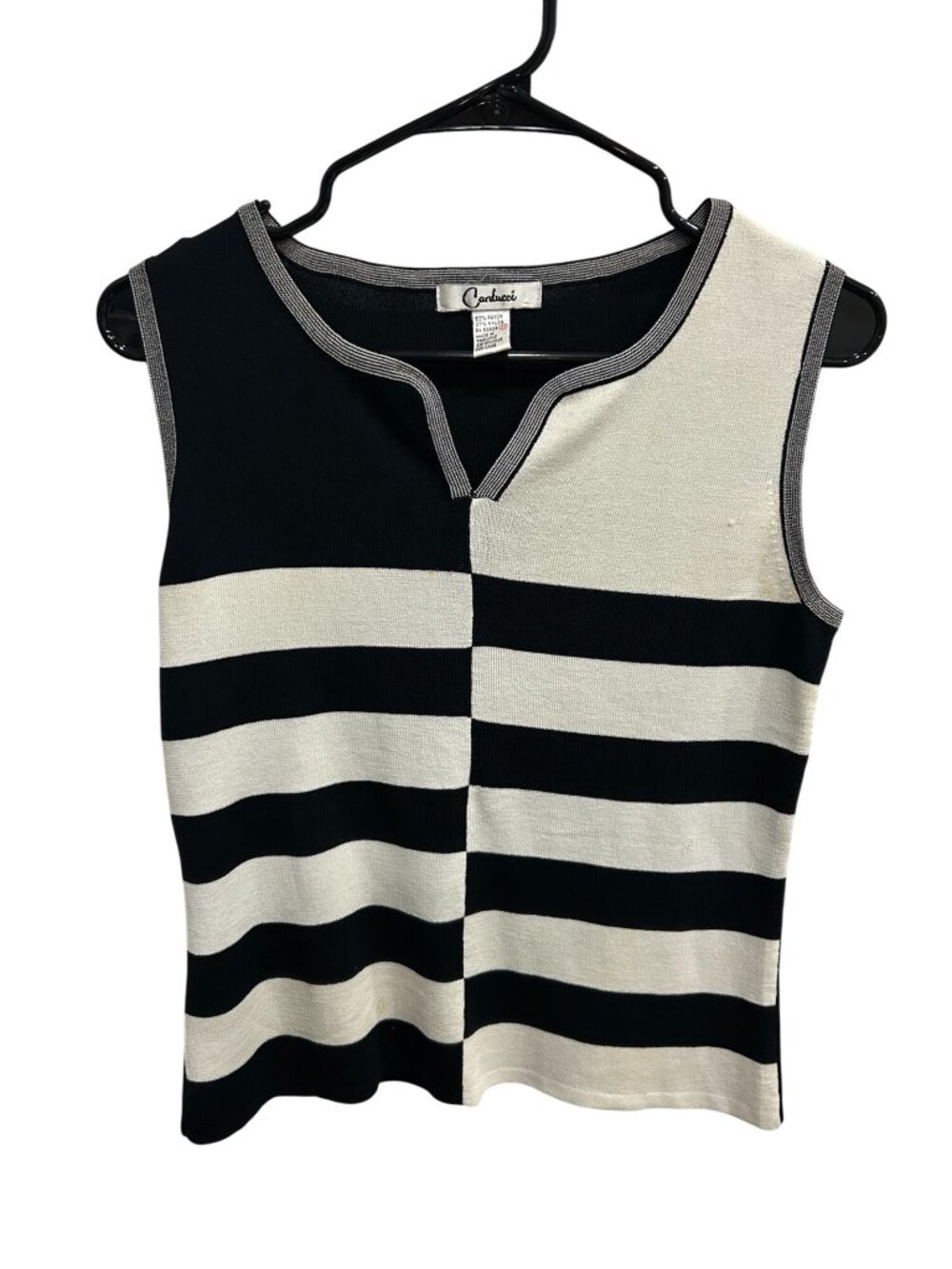 Carducci Womens Black White Striped V-Neck Knit Top Size M Minimalist Preppy
